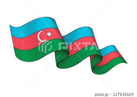 Azerbaijan flag with wavy ribbon shape and engraved texture 127816829