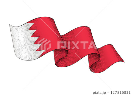 Bahrain flag with wavy ribbon shape and engraved texture 127816831