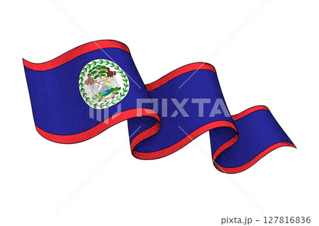 Belize flag with wavy ribbon shape and engraved texture 127816836