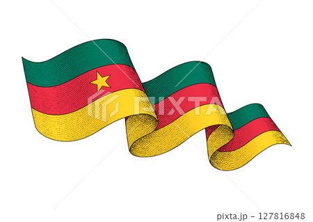 Cameroon flag with wavy ribbon shape and engraved texture Cameroon flag with wavy ribbon shape and engraved texture 127816848