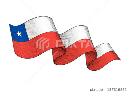 Chile flag with wavy ribbon shape and engraved texture Chile flag with wavy ribbon shape and engraved texture 127816853