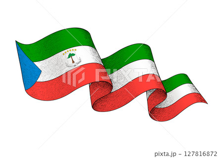 Equatorial Guinea flag with wavy ribbon shape and engraved texture 127816872