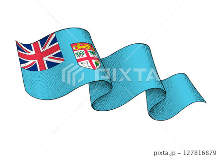 Fiji flag with wavy ribbon shape and engraved texture 127816879
