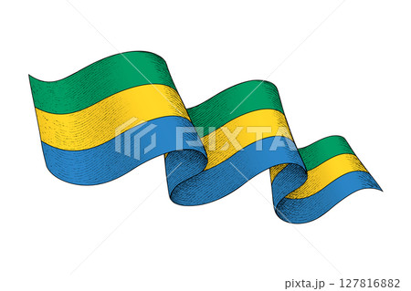 Gabon flag with wavy ribbon shape and engraved texture Gabon flag with wavy ribbon shape and engraved texture 127816882