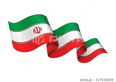 Iran flag with wavy ribbon shape and engraved texture 127816899