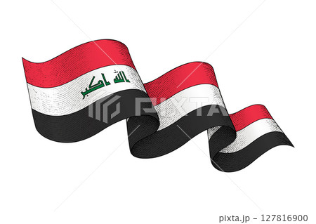 Iraq flag with wavy ribbon shape and engraved texture Iraq flag with wavy ribbon shape and engraved texture 127816900