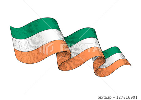 Ireland flag with wavy ribbon shape and engraved texture 127816901