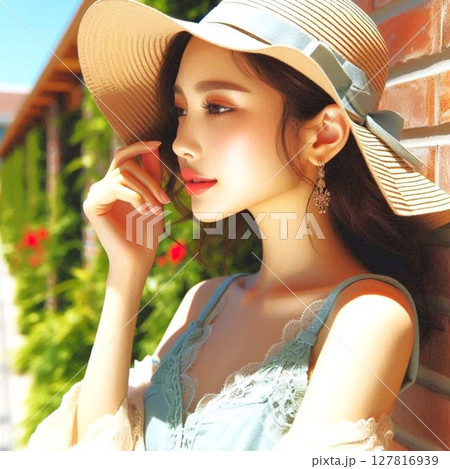 屋外で麦わら帽子をかぶっている女性 屋外で麦わら帽子をかぶっている女性 127816939