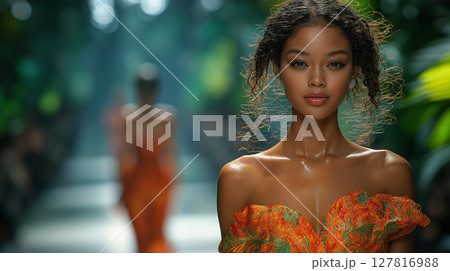 ランウェイを歩く女性モデル ランウェイを歩く女性モデル 127816988