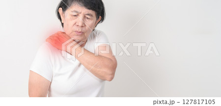 Elderly Woman having Shoulder Pain for Muscle Inflammation and Sprain, Myofascial ache syndrome and Fibromyalgia, Shoulder Myalgia, Scapular Tightness, Cervical Spine, Rheumatism and Health care 127817105