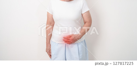 Elderly woman having Bladder pain for concepts of Bladder disease, Cancer Awareness Month May, Cystitis, Bladder Stone, urinary tract infection, UTI, Urethritis, Pyelonephritis, Urinary incontinence 127817225
