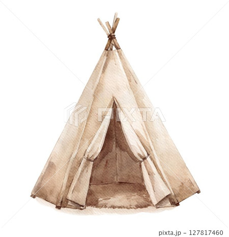 Watercolor teepee tent illustration in neutral tones. Ideal for boho nursery decor, adventure-themed prints, invitations, wall art, and baby shower designs Watercolor teepee tent illustration in neutral tones. Ideal for boho nursery decor, adventure-themed prints, invitations, wall art, and baby shower designs 127817460