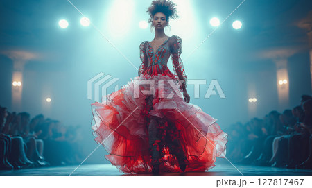 ファッションショーで歩く女性モデル ファッションショーで歩く女性モデル 127817467