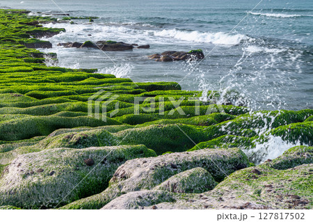 Dynamic Waves Crashing on Laomei Green Reef in Shimen New Taipei City. Dynamic Waves Crashing on Laomei Green Reef in Shimen New Taipei City. 127817502