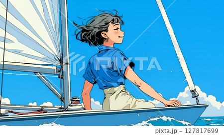 ヨットに乗っている若い女性