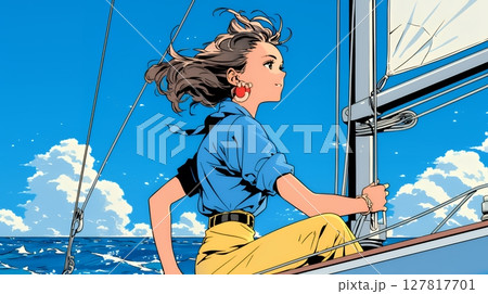 ヨットに乗っている若い女性