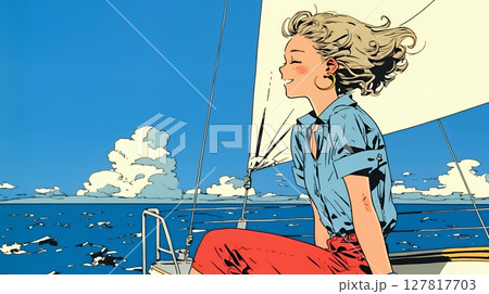 ヨットに乗っている若い女性