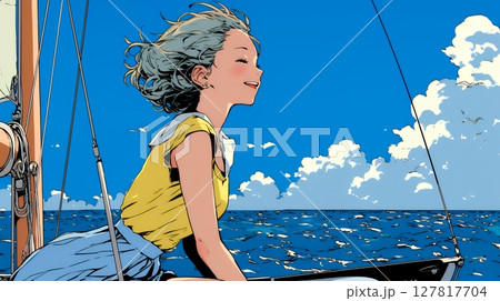 ヨットに乗っている若い女性