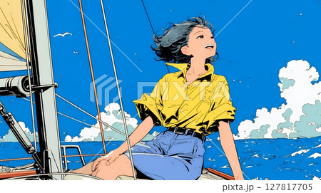 ヨットに乗っている若い女性