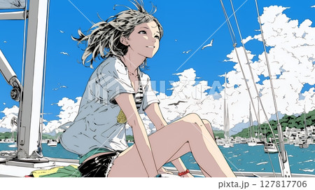 ヨットに乗っている若い女性
