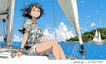 ヨットに乗っている若い女性