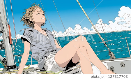 ヨットに乗っている若い女性