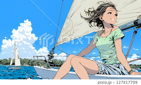 ヨットに乗っている若い女性