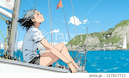ヨットに乗っている若い女性
