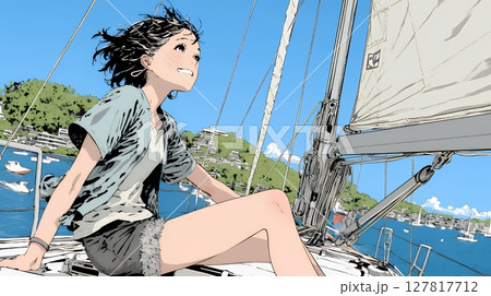 ヨットに乗っている若い女性