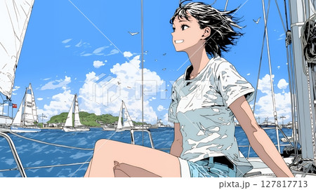 ヨットに乗っている若い女性