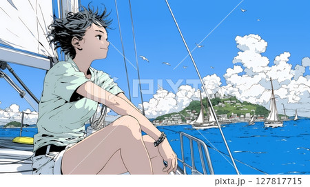 ヨットに乗っている若い女性