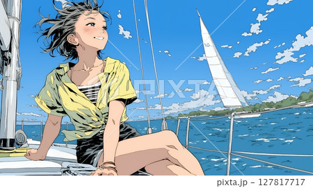 ヨットに乗っている若い女性