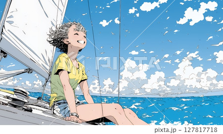 ヨットに乗っている若い女性