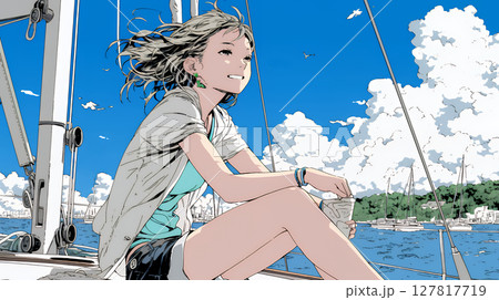 ヨットに乗っている若い女性