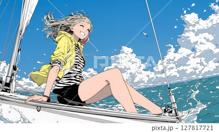 ヨットに乗っている若い女性