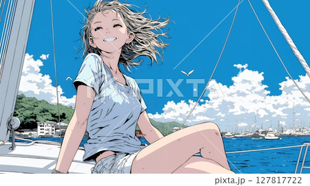ヨットに乗っている若い女性
