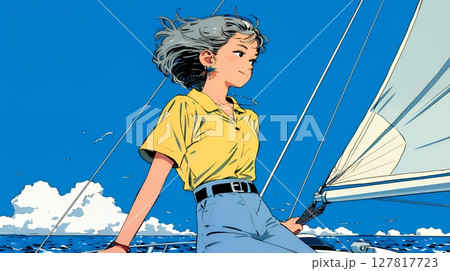 ヨットに乗っている若い女性
