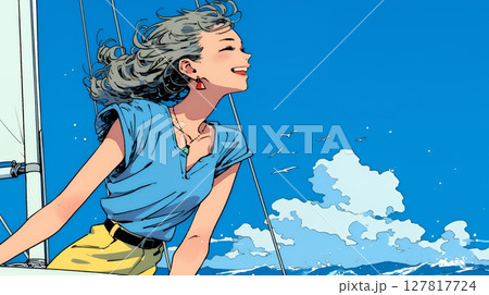 ヨットに乗っている若い女性