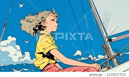 ヨットに乗っている若い女性