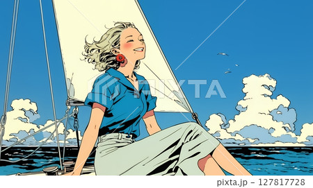 ヨットに乗っている若い女性