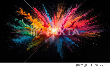 A vibrant explosion of colored powder fills the dark background, creating a dazzling display of hues and swirling patterns. This dynamic moment captures the essence of celebration and joy. A vibrant explosion of colored powder fills the dark background, creating a dazzling display of hues and swirling patterns. This dynamic moment captures the essence of celebration and joy. 127817788