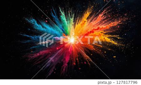 Colorful powder bursts forth in a spectacular display, illuminating the dark surroundings with vibrant hues. The energetic explosion captures the spirit of joy and creativity. 127817796