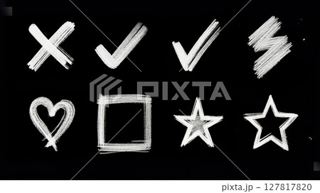 White symbols including hearts, stars, and check marks are sketched on a black background, highlighting a playful approach to digital art and expression. White symbols including hearts, stars, and check marks are sketched on a black background, highlighting a playful approach to digital art and expression. 127817820