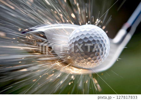 ゴルフのドライバーに当たる瞬間のゴルフボール 127817833