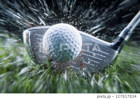 ゴルフのドライバーに当たる瞬間のゴルフボール 127817834