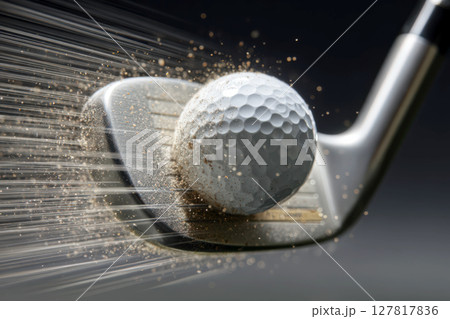 ゴルフのアイアンに当たる瞬間のゴルフボール ゴルフのアイアンに当たる瞬間のゴルフボール 127817836