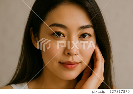 素肌の美しさを確かめる女性の表情 素肌の美しさを確かめる女性の表情 127817879