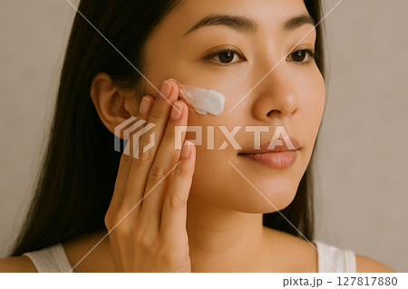 保湿クリームを顔に塗る女性のスキンケア習慣 保湿クリームを顔に塗る女性のスキンケア習慣 127817880