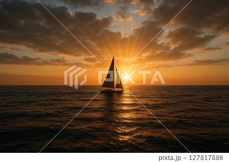 夕焼けに染まる海を進むヨットと幻想的な空 127817886
