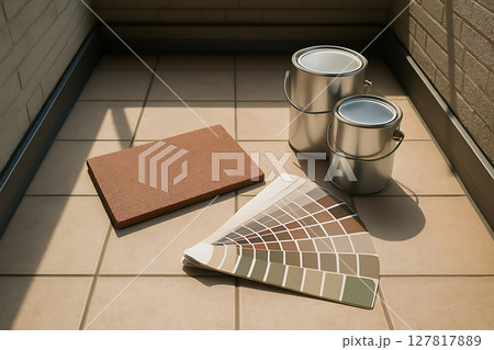 フォーム準備に揃えたペンキ缶とカラーチャート 127817889